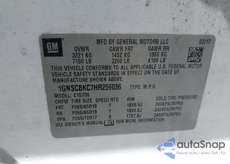 2017 Chevrolet Tahoe Lt z USA, uszkodzony, nr VIN 1GNSCBKC7HR259036